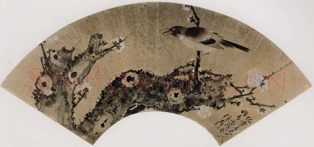 清 张嘉谟《梅鸟图扇面》书画作品