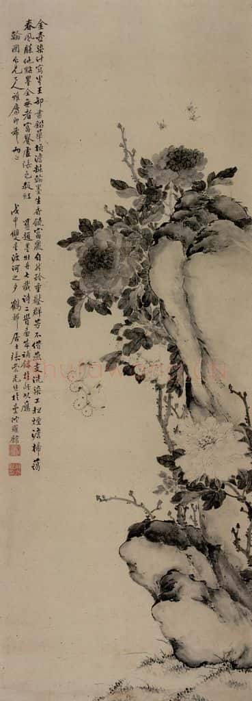 清 张崇光《牡丹碟石图轴》书画作品