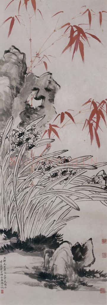清 李凤廷《水仙竹石图轴》书画作品