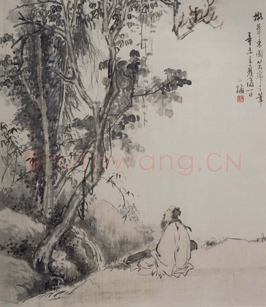 清 黄少梅《抚琴图轴》书画作品