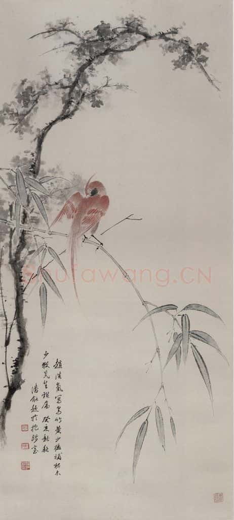 清 黄少梅《枯木鸟竹图轴》书画作品