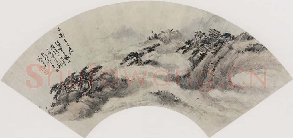 清 黄少梅《云芩高阁图扇面》书画作品