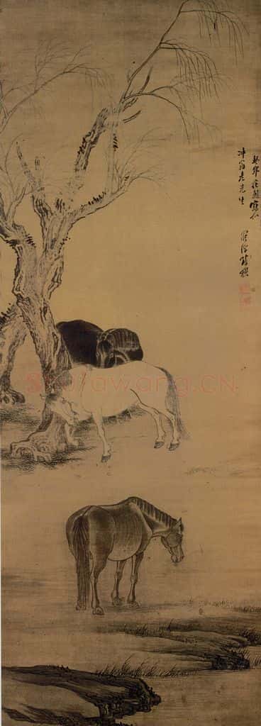 清 张穆《柳树三马图轴》书画作品