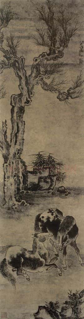 清 张穆《枯木双马图轴》书画作品