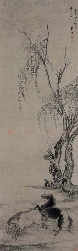 清 张穆《春柳双驹图轴》书画作品