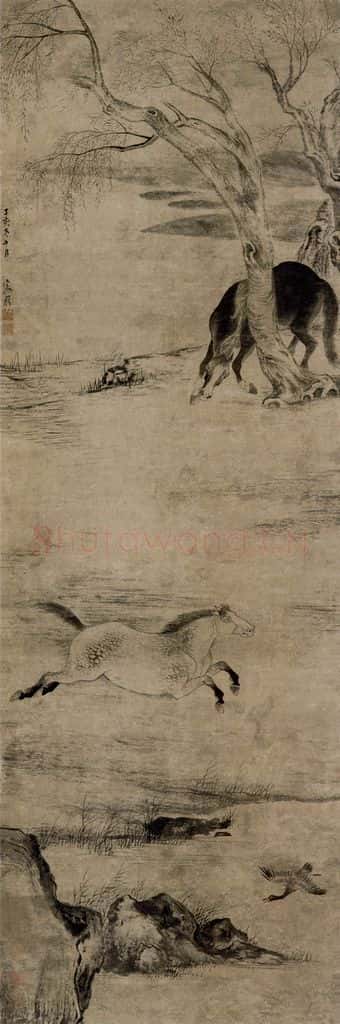 清 张穆《双马图轴》书画作品
