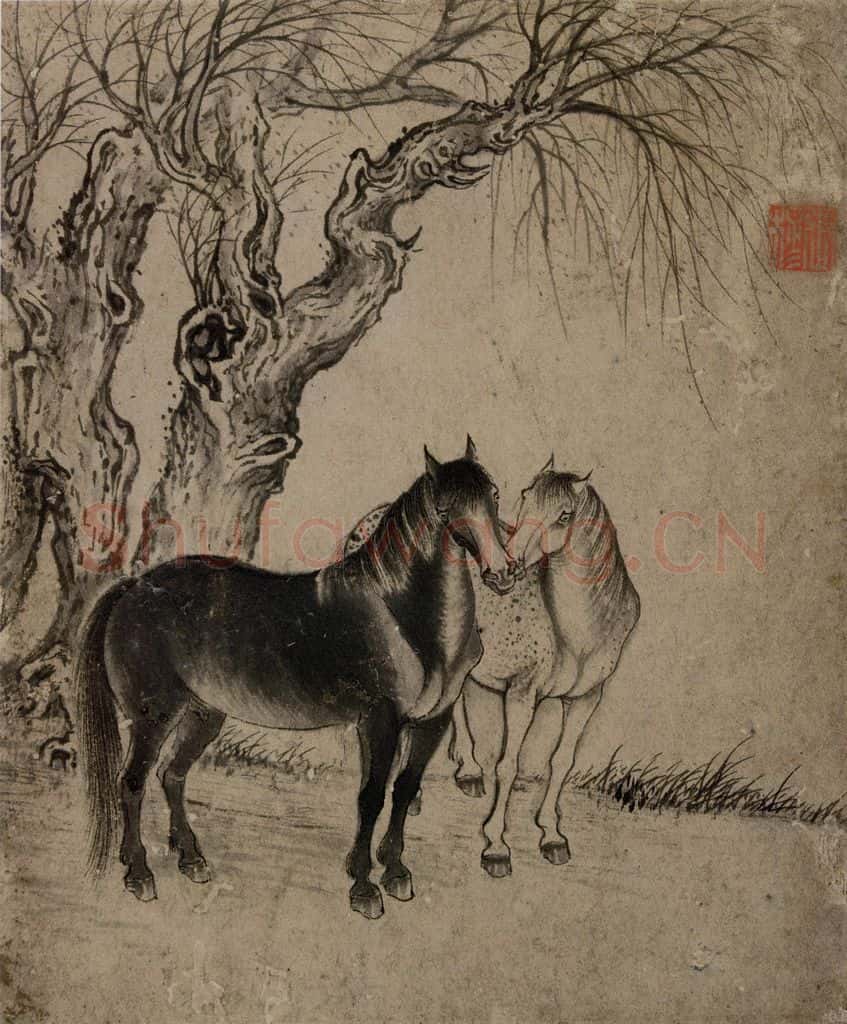 清 张穆《古树双马图册》书画作品