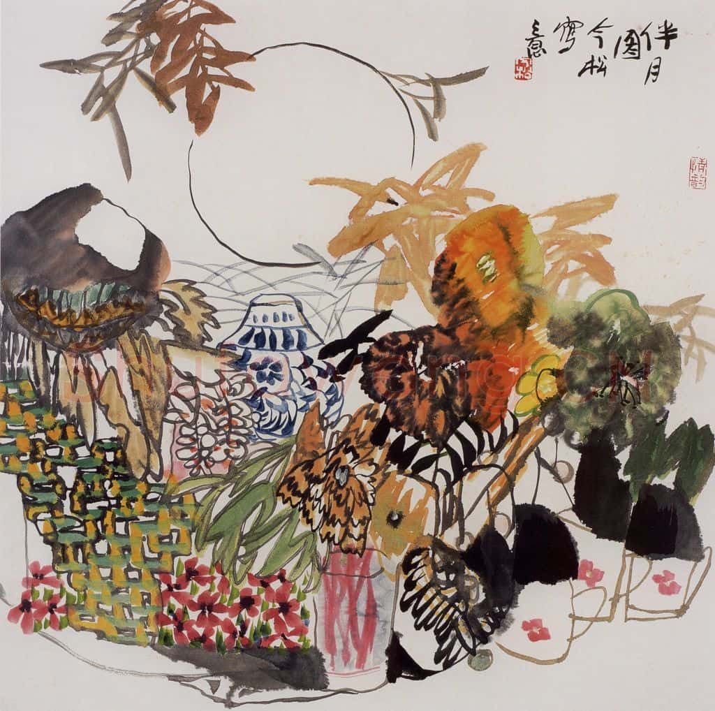 1985年 冯今松《伴月图》书画作品