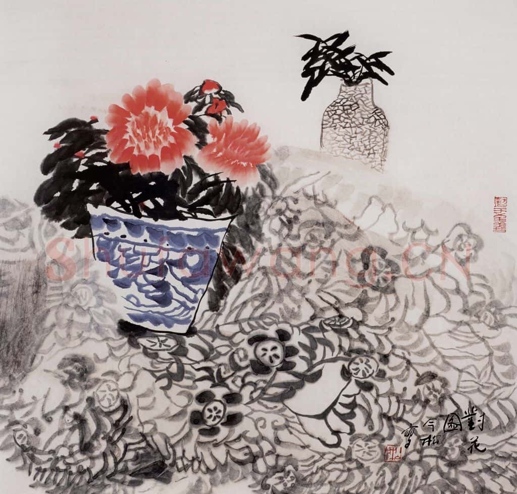 2000年 冯今松《对花图》书画作品