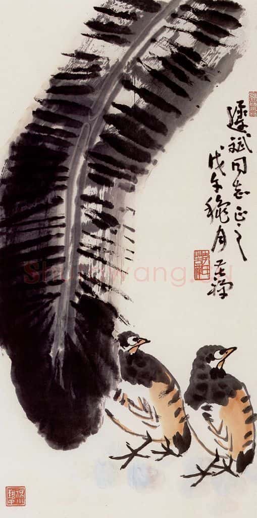 李苦掸 蕉荫双禽 书画作品