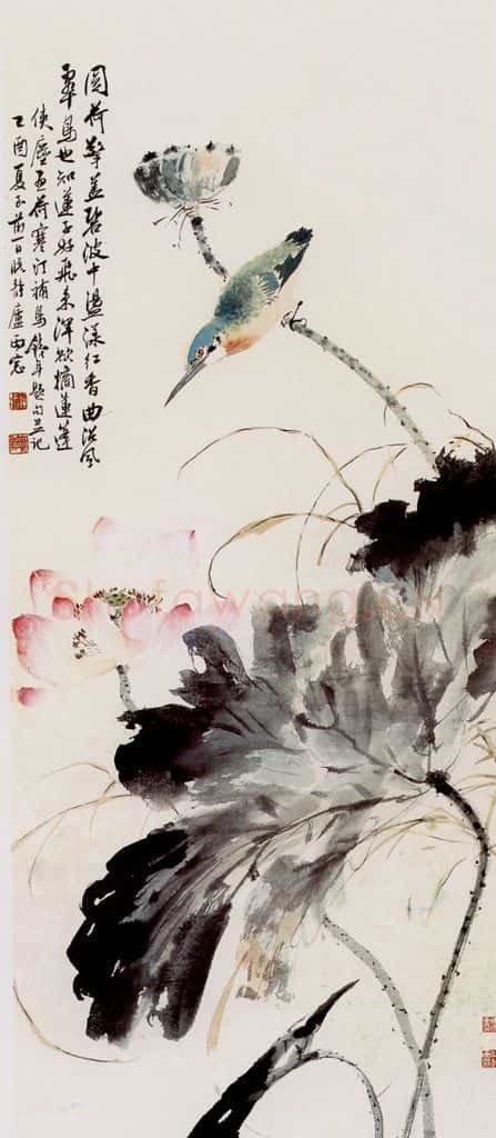 江寒汀·唐一商·符金寿 荷花翠鸟 书画作品