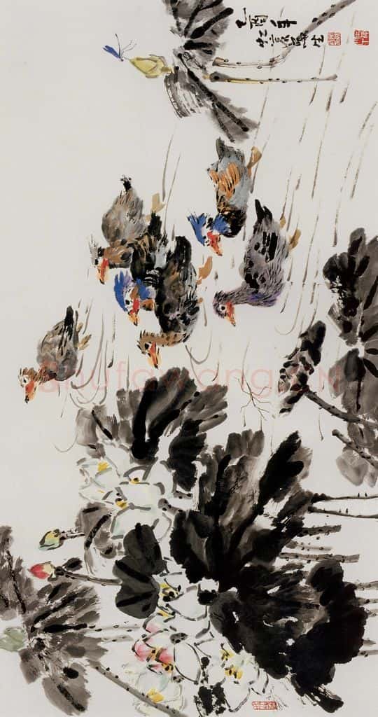 许鸿宾《鸳鸯荷花》书画作品