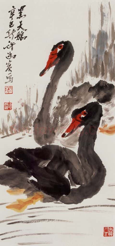  许鸿宾《黑天鹅》书画作品