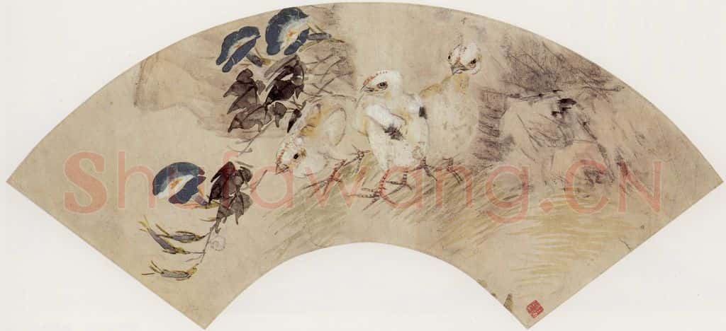 清 任伯年 秋花小鸡扇页 书画作品