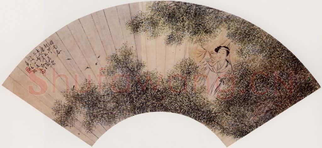 清 任预 惜花春起早扇页 书画作品
