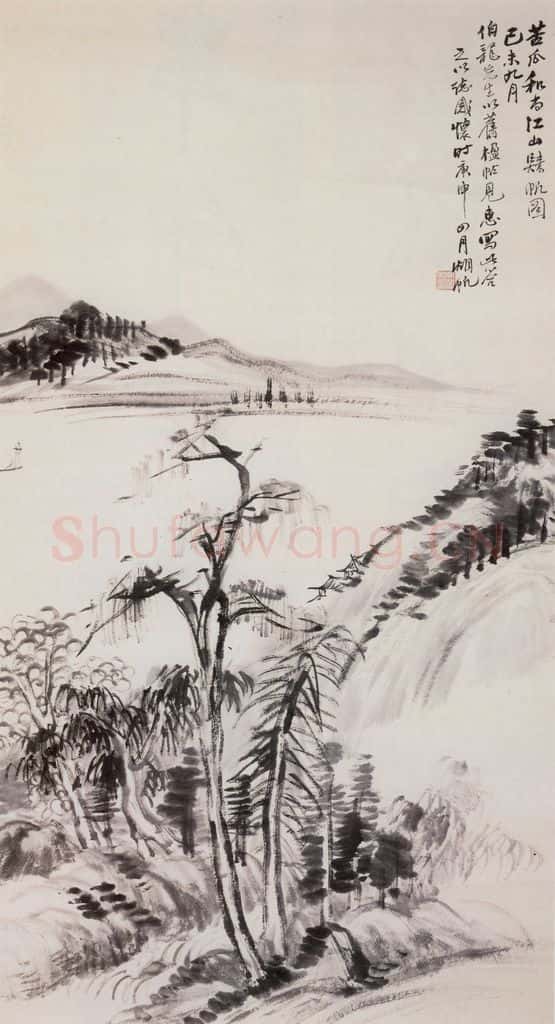 近现代 吴湖帆 仿石涛江归帆图轴 书画作品