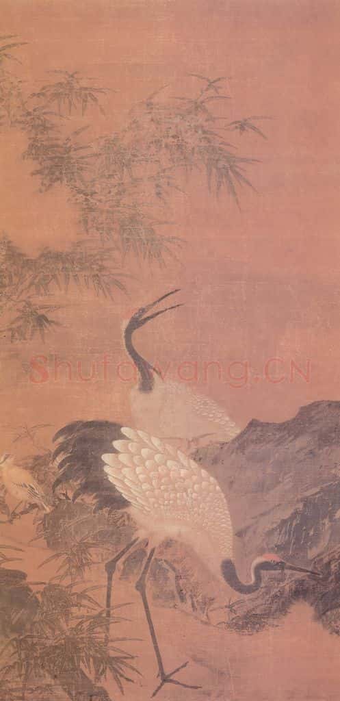 明 无款 双鹤竹石图轴 书画作品