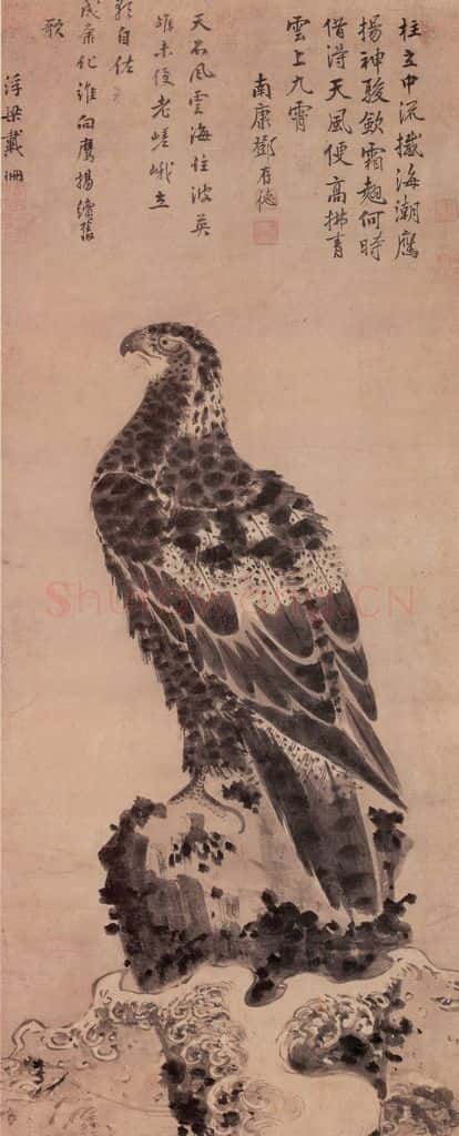 明 无款 苍鹰柱石图轴 书画作品