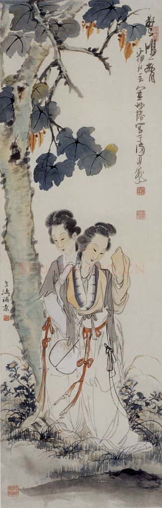  徐燕孙《梧桐仕女》书画作品