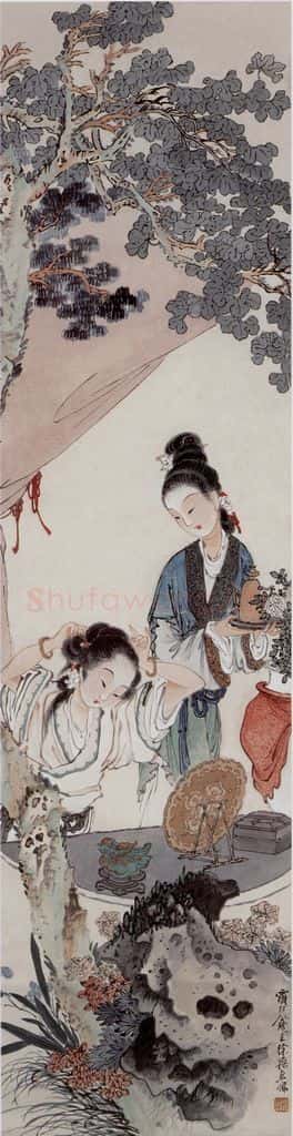 徐燕孙《桐阴梳妆》书画作品