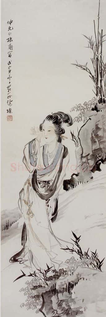 徐燕孙《竹石仕女》书画作品