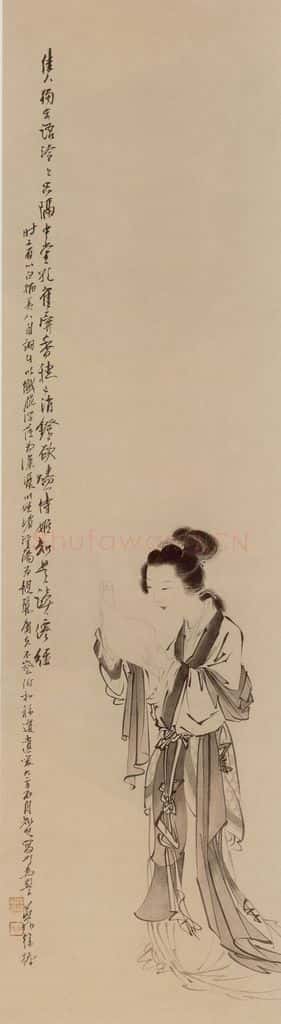 1914年 徐燕孙《佳人读经》书画作品
