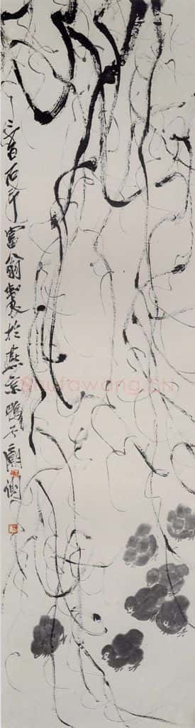 约1924年 齐白石《垂藤雏鸡》书画作品