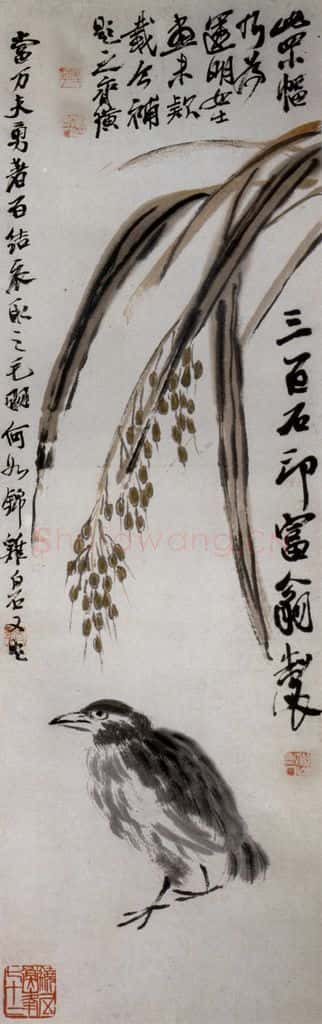 约20年代中期 齐白石《鹌鹑稻穗》书画作品