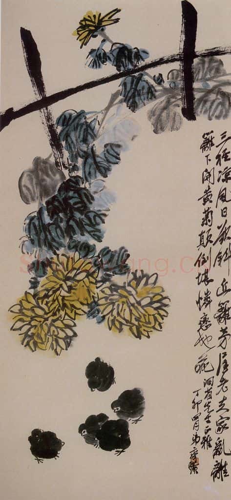 1927年 齐白石《菊花雏鸡》书画作品
