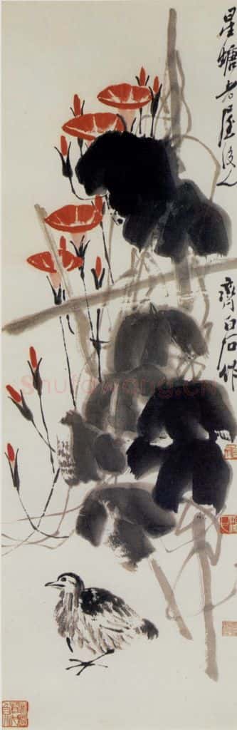 约40年代中期 齐白石《牵牛鹧鸪》书画作品