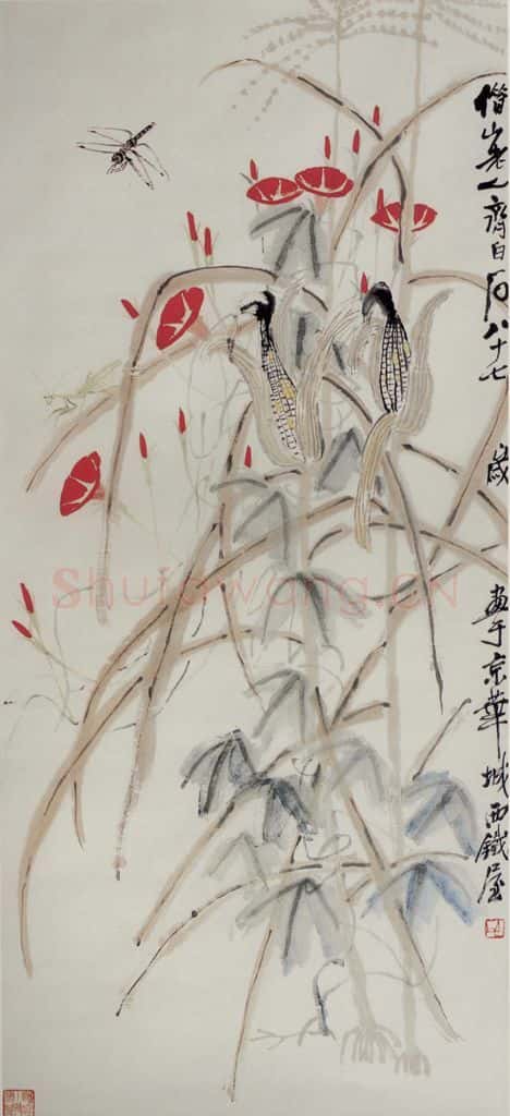 1947年 齐白石《玉米牵牛花虫》书画作品