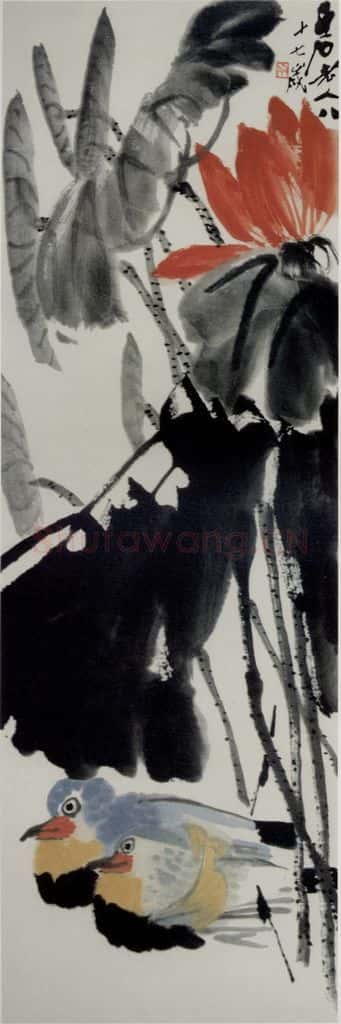 1947年 齐白石《荷花鸳鸯》书画作品