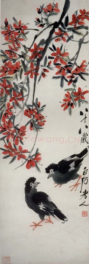 1948年 齐白石《桃花八哥》书画作品