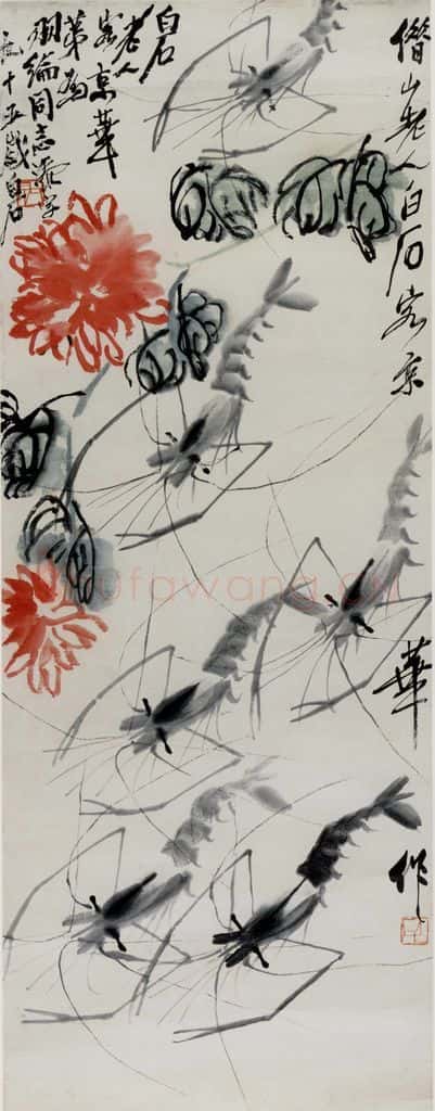 约四十年代晚期 齐白石《群虾戏菊图》书画作品