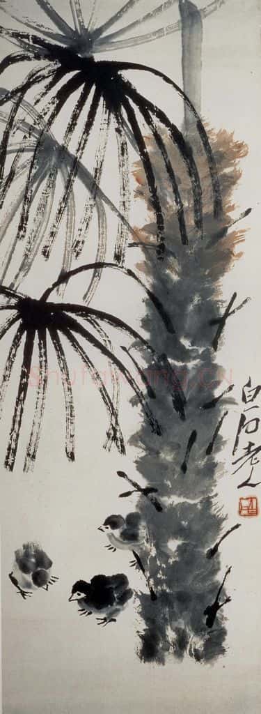 约四十年代晚期 齐白石《棕树鸡雏》书画作品
