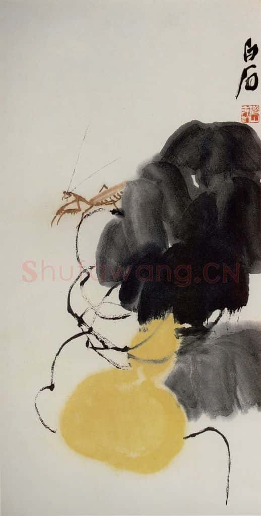 四十年代晚期 齐白石《葫芦螳螂》书画作品