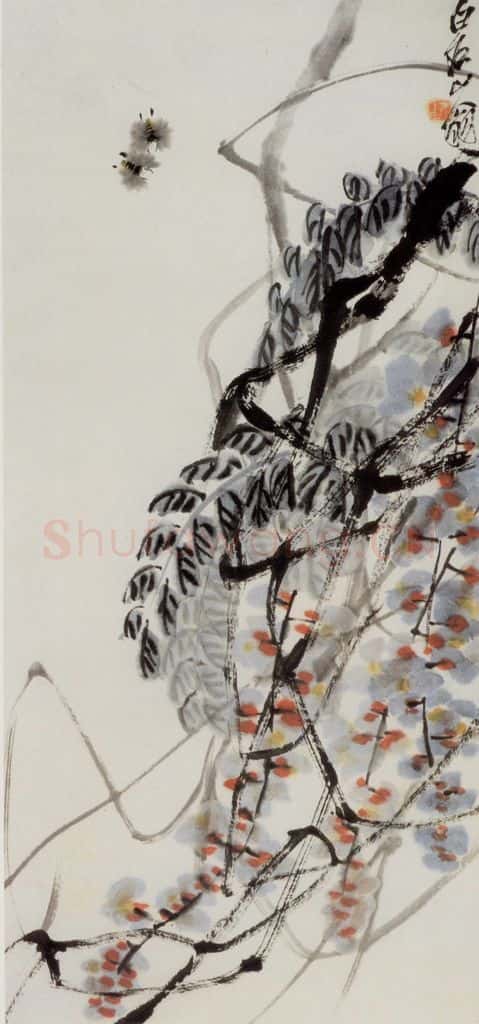 约40年代中期 齐白石《藤花蜜蜂》书画作品