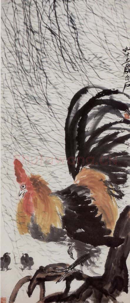 齐白石 柳荫公鸡 书画作品