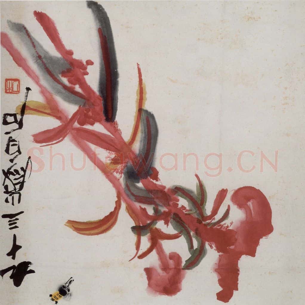 齐白石 鸡冠花·蜜蜂 书画作品
