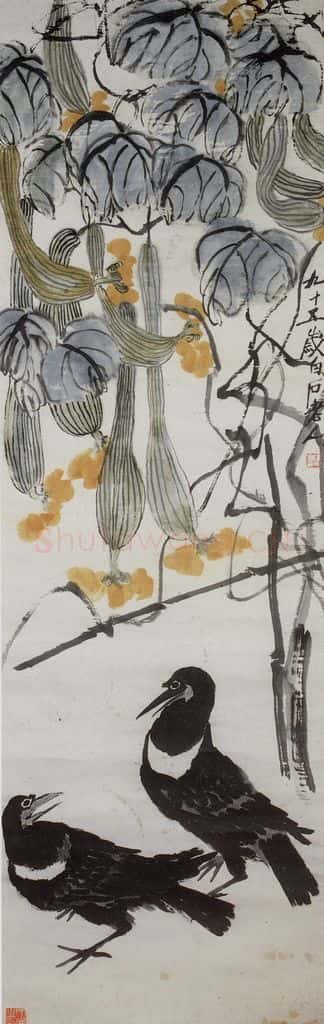 齐白石 丝瓜双鸦 书画作品