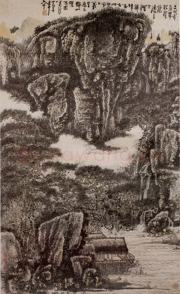 1973年 黄秋园《茅屋高隐图》书画作品