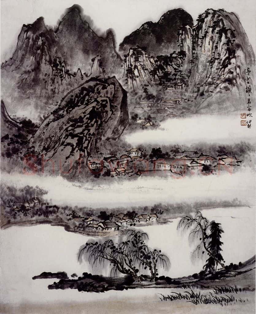 孔仲起《停云叆叆万家炊》书画作品