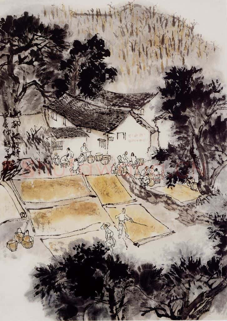  孔仲起《山村秋收时》书画作品