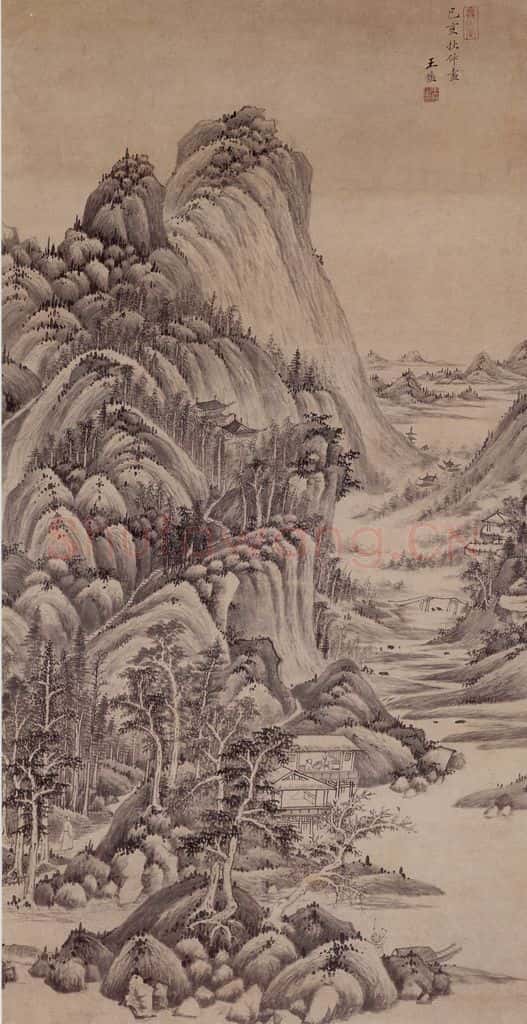 清 王鉴 水阁对话图轴 书画作品