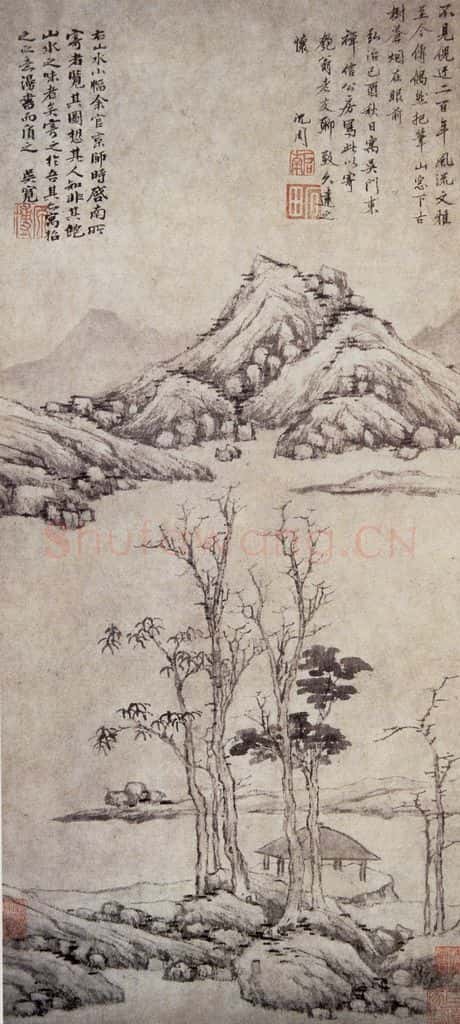 明 沈周《仿倪山水图轴》书画作品
