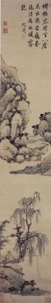 明 沈周《柳荫垂钓图轴》书画作品