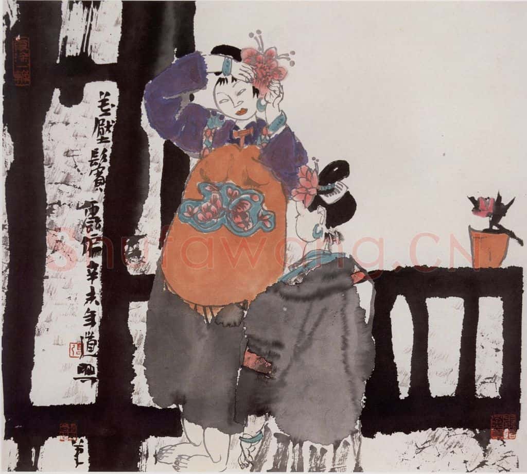 1991年 张道兴《花压鬓云偏》书画作品
