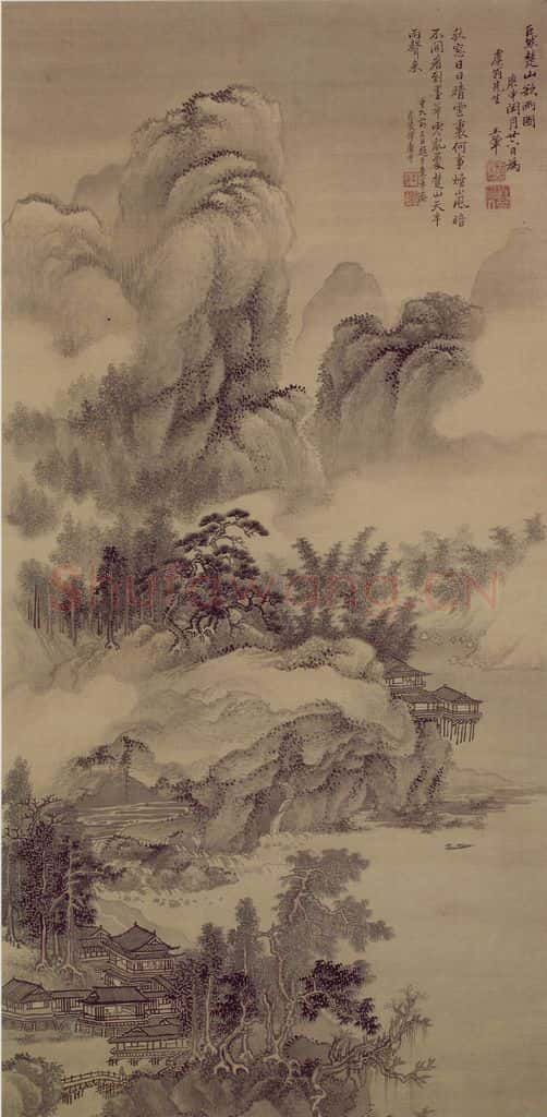 1680年 王翚《仿巨然楚山欲雨图轴》书画作品