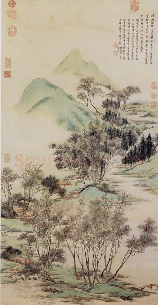1706年 王翚《仿赵孟頫江村清下图轴》书画作品