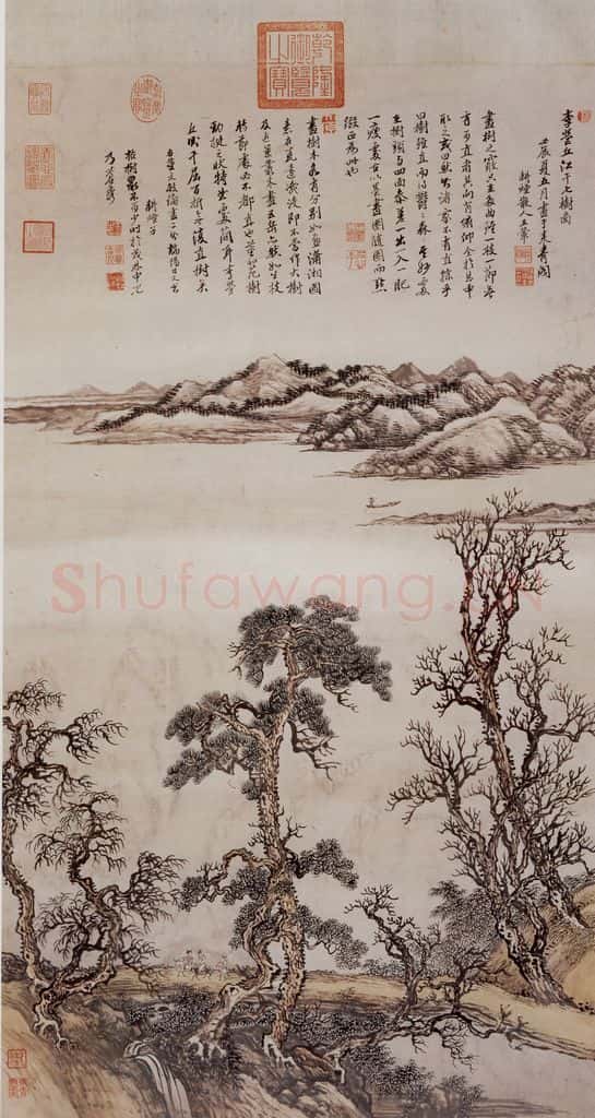 1712年 王翚《江干七树图轴》书画作品